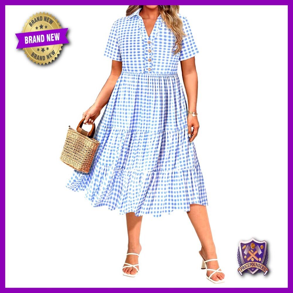 Plus Size Midi Dress Collared Vneck Short Sleeve Ruffle Pocket Casual Summer